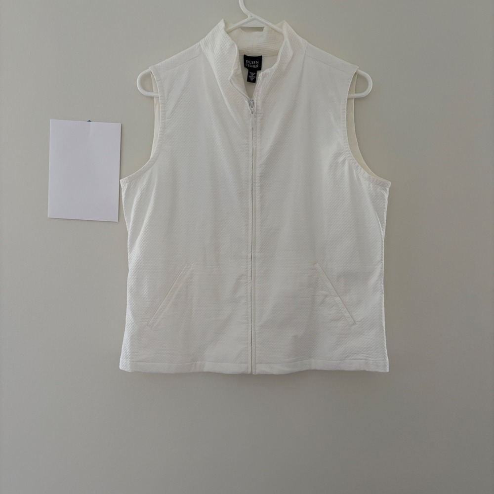 Eileen Fisher White Stretch Pique Diamond Zip Up Vest Mock Neck Size M